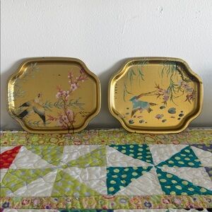 Vintage Floral and Bird Gold Decorative Trays, Elite Trays Made In England 7”x6”